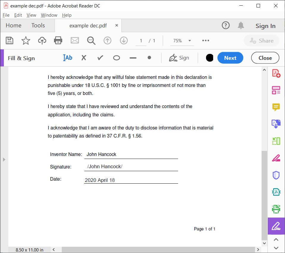 Signing while Social Distancing | IP Law Firm | Harness IP Inventor Declaration Electronic Signature 10 | Intellectual Property Law Firm | Harness IP
