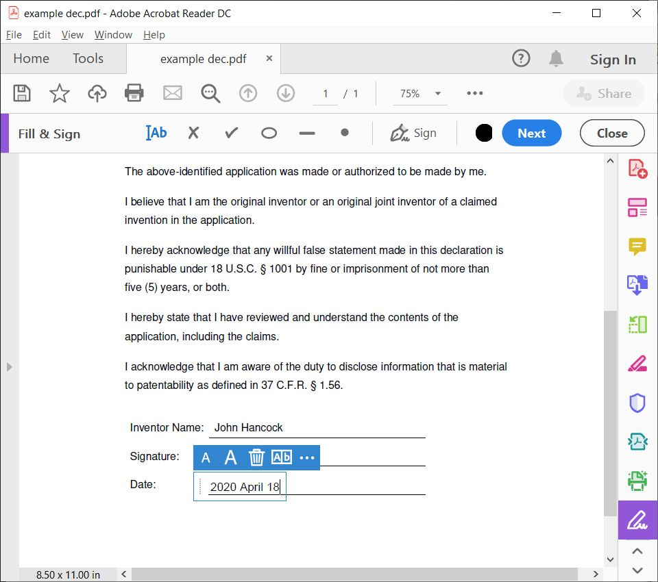Signing while Social Distancing | IP Law Firm | Harness IP Inventor Declaration Electronic Signature 7 | Intellectual Property Law Firm | Harness IP