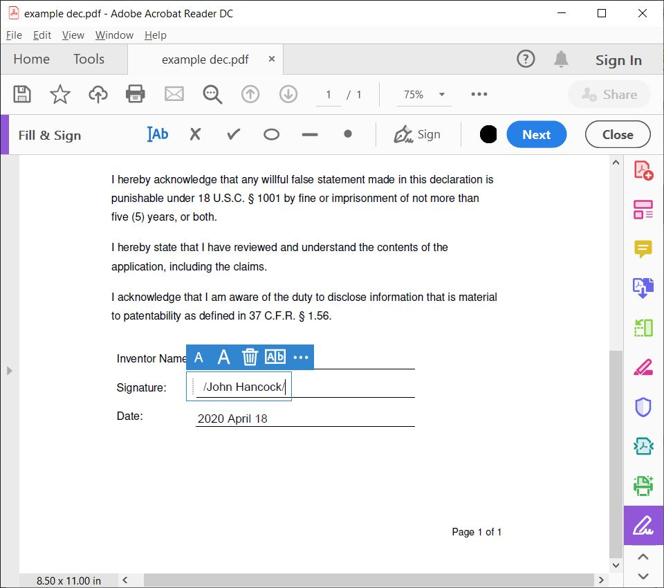 Signing while Social Distancing | IP Law Firm | Harness IP Inventor Declaration Electronic Signature 9 | Intellectual Property Law Firm | Harness IP